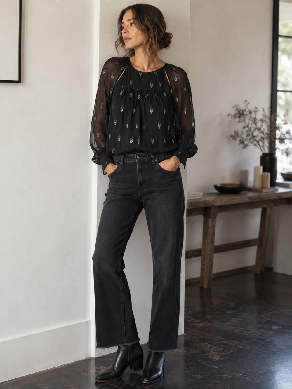 Joie Womens Mosi Blouse XXS Black Silver Metallic Silk Boho Cut Out Sheer Top